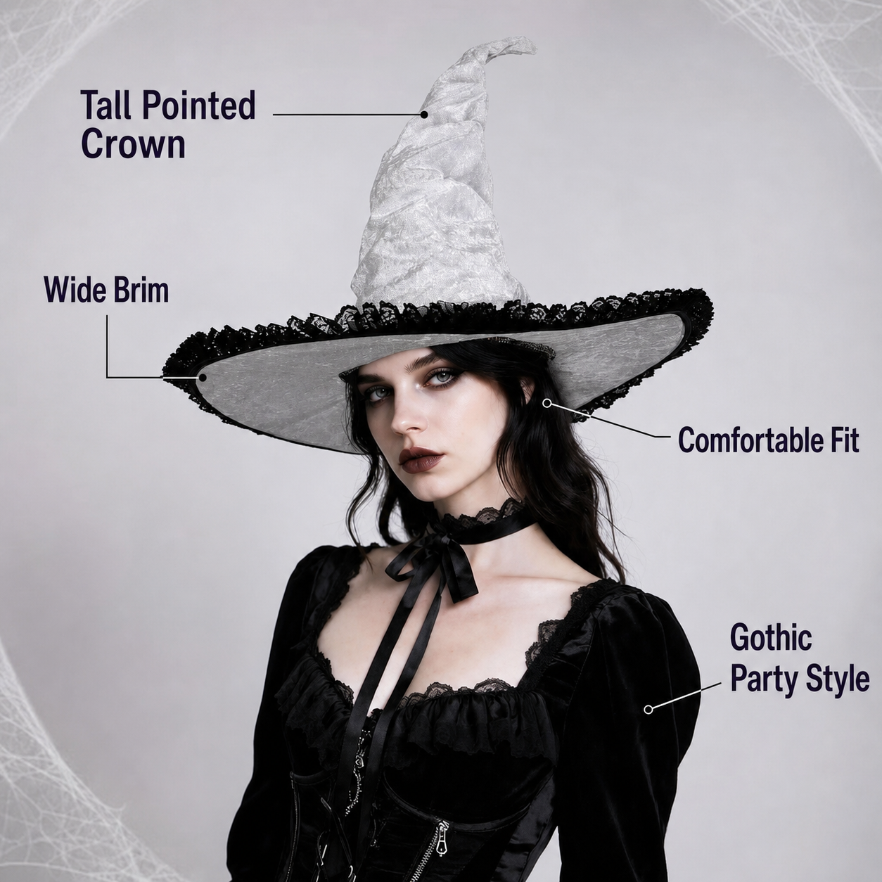 Light Gray White Halloween Witch Hat with Black Lace Trim, Tall Bent Pointed Crown and Wide Brim for Witch Cosplay Costume Party