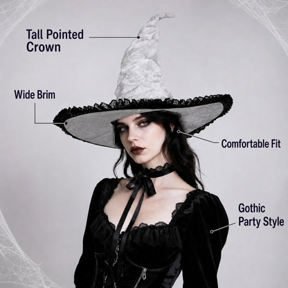 Light Gray White Halloween Witch Hat with Black Lace Trim, Tall Bent Pointed Crown and Wide Brim for Witch Cosplay Costume Party