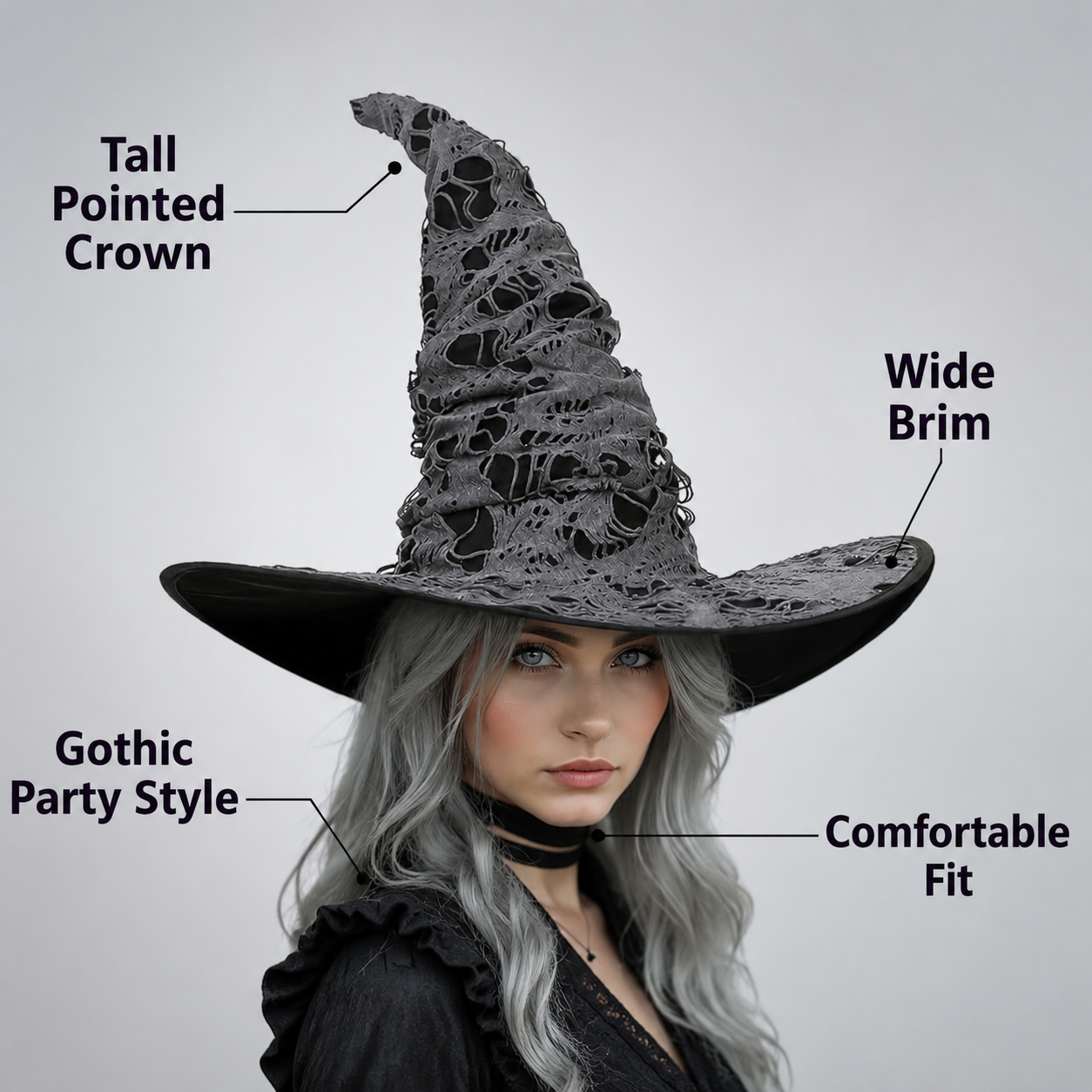 Gray Black Halloween Witch Hat For Women Wide Brim Curved Pointed Tattered Torn