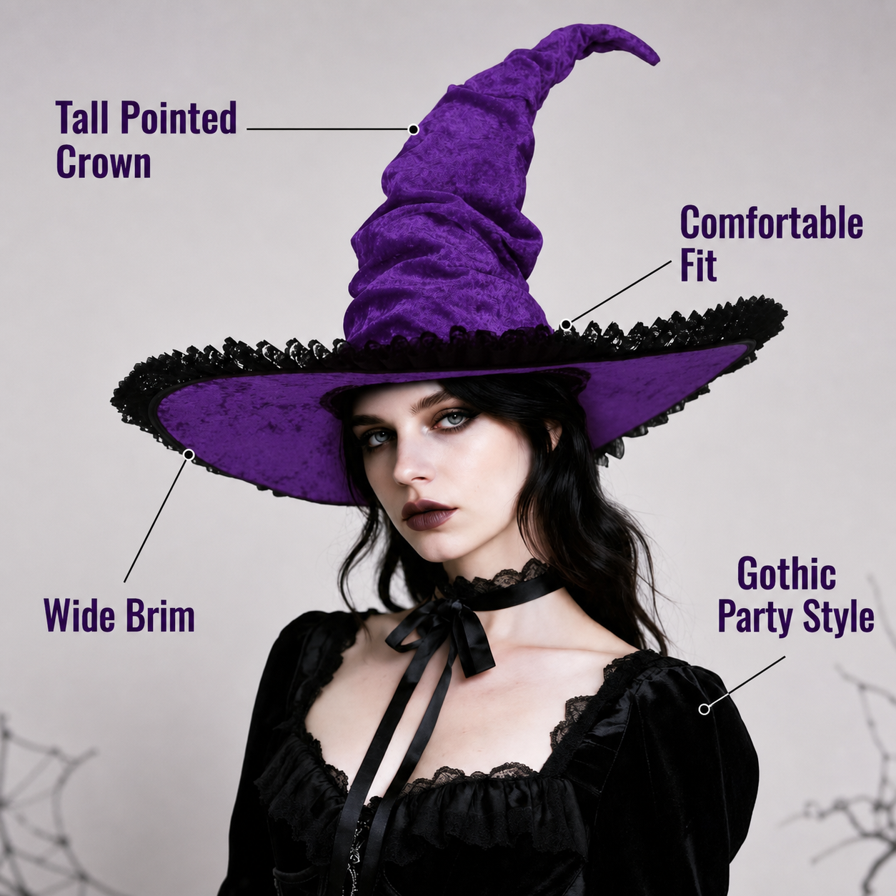 Halloween Witch Hat, Tall Curved Pointed Crown, Wide Irregular Brim, Deep Purple Gothic Style with Black Trim for Cosplay and Themed Parties