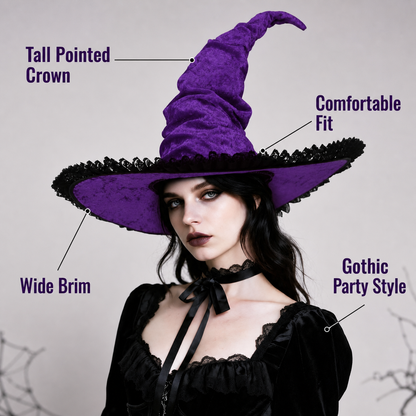Halloween Witch Hat, Tall Curved Pointed Crown, Wide Irregular Brim, Deep Purple Gothic Style with Black Trim for Cosplay and Themed Parties