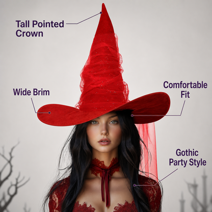 Red Halloween Witch Hat Tall Pointed Cone Wide Curved Brim Sheer Layered Glitter Speckled Costume Accessory for Parties and Photography