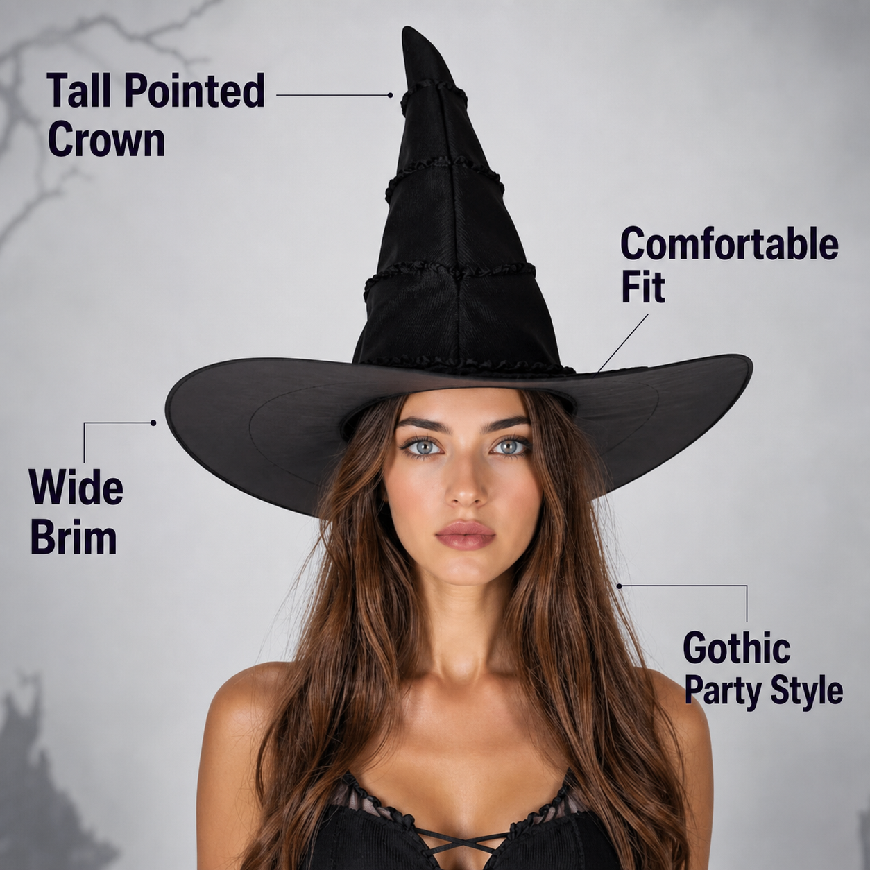 Black Halloween Witch Hat With Glossy Surface, Tall Pointed Crown And Wide Floppy Brim For Witch Cosplay Costume Party Accessory