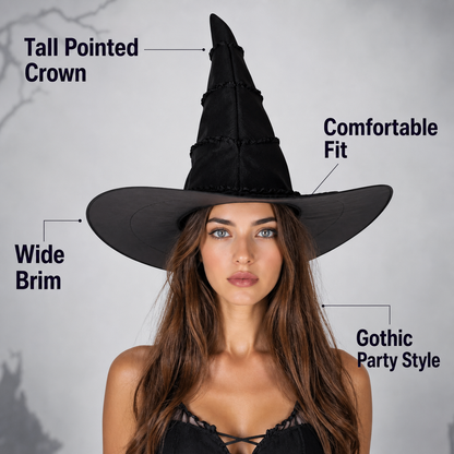 Black Halloween Witch Hat With Glossy Surface, Tall Pointed Crown And Wide Floppy Brim For Witch Cosplay Costume Party Accessory