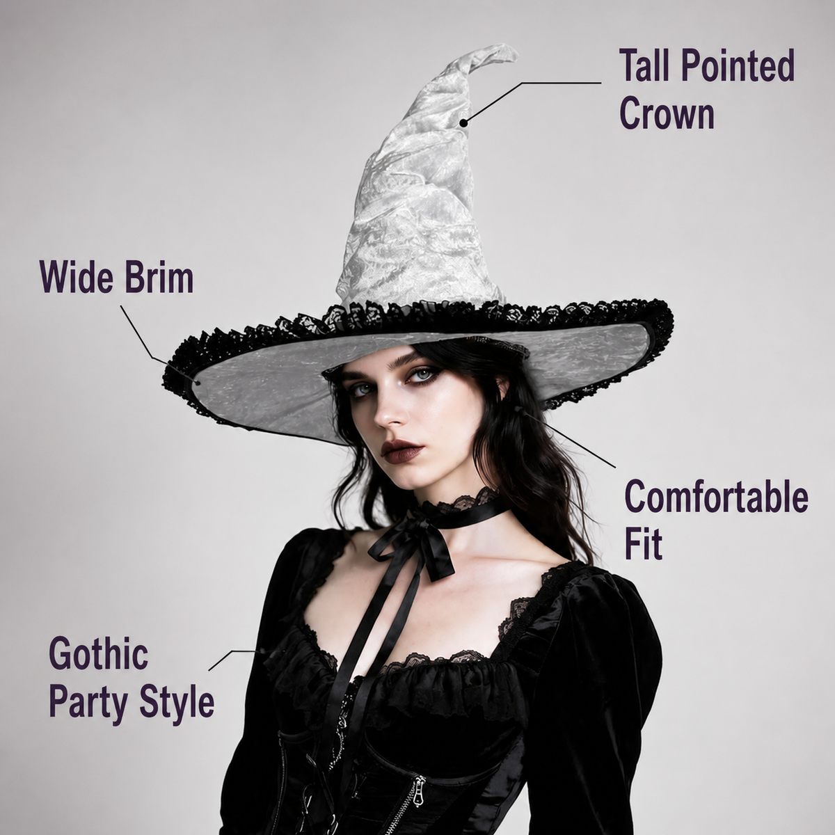 White and Black Witch Hat, Wide Brim Pointed Hat with Lace Trim and Curved Witch Hat detail
