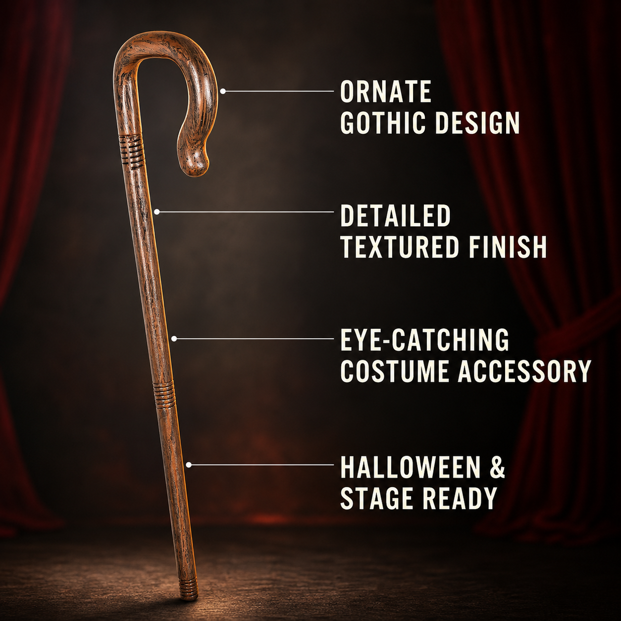 Single Archbishop Magic Cane, Large Curved Hook Handle, Long Straight Shaft, Brown Wood Grain Texture, Decorative Ring Lines, Vintage Style Prop