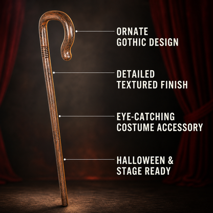 Single Archbishop Magic Cane, Large Curved Hook Handle, Long Straight Shaft, Brown Wood Grain Texture, Decorative Ring Lines, Vintage Style Prop