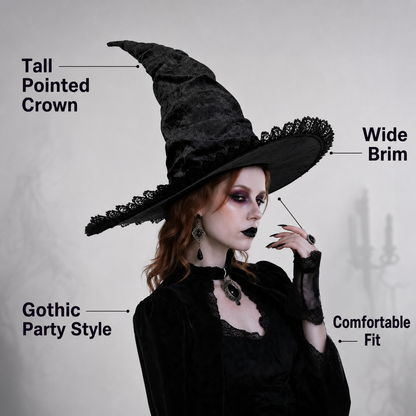 Black Halloween Witch Hat with Tall Crooked Pointed Crown, Wide Brim, Ruched Textured Velvet-Like Fabric and Lace Trim Gothic Costume Accessory for Cosplay Party Photo Shoot