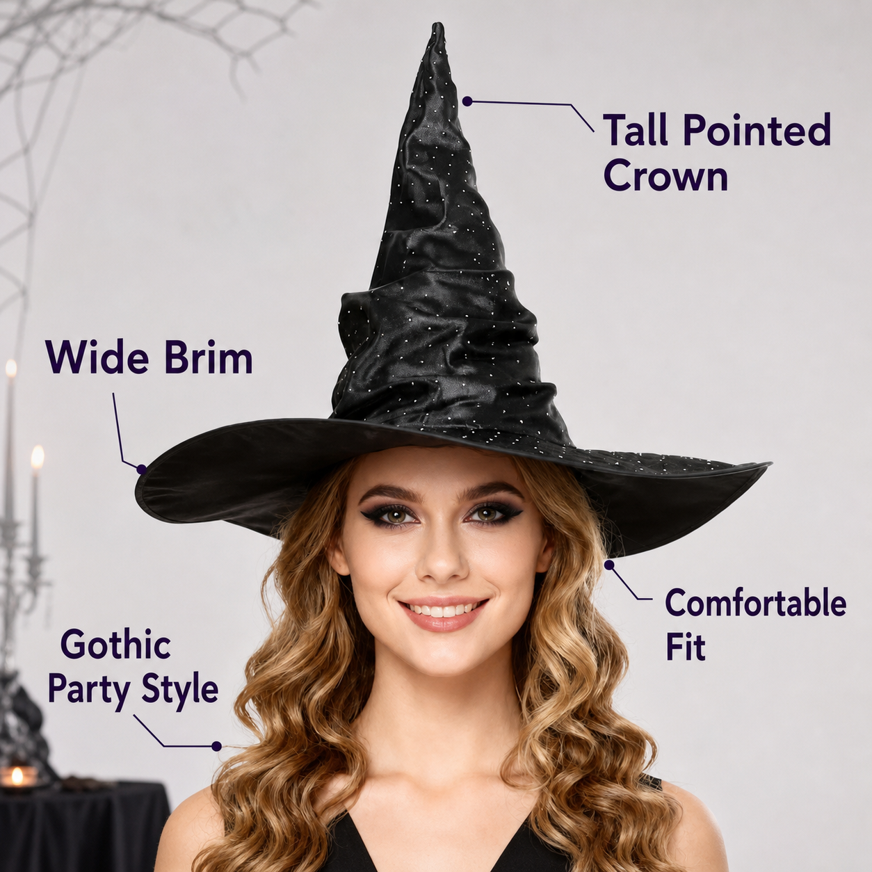 Black Halloween Witch Hat Pointed Wide Brim Ruched Crown With Silver-White Dot Embellishments Costume Accessory