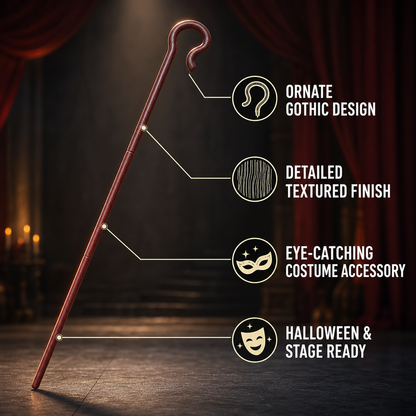 Information card showing the dark brown hook cane against a theatrical backdrop, with English callouts about its design and textured finish