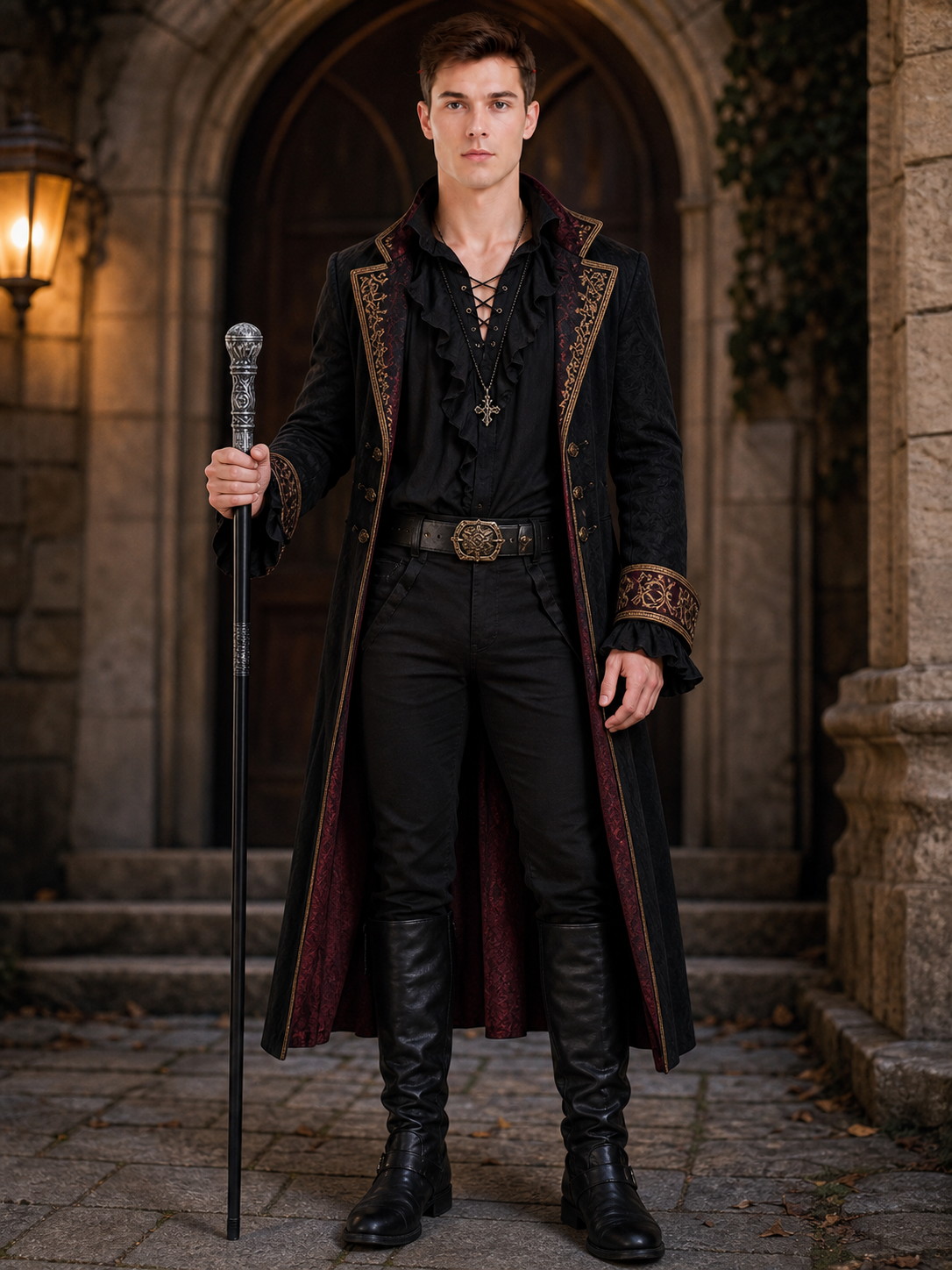 Full-body man in a gothic coat holding the black cane with ornate silver handle outside a stone archway