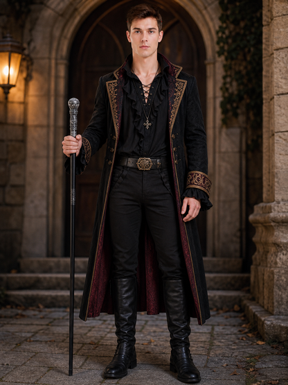 Full-body man in a gothic coat holding the black cane with ornate silver handle outside a stone archway