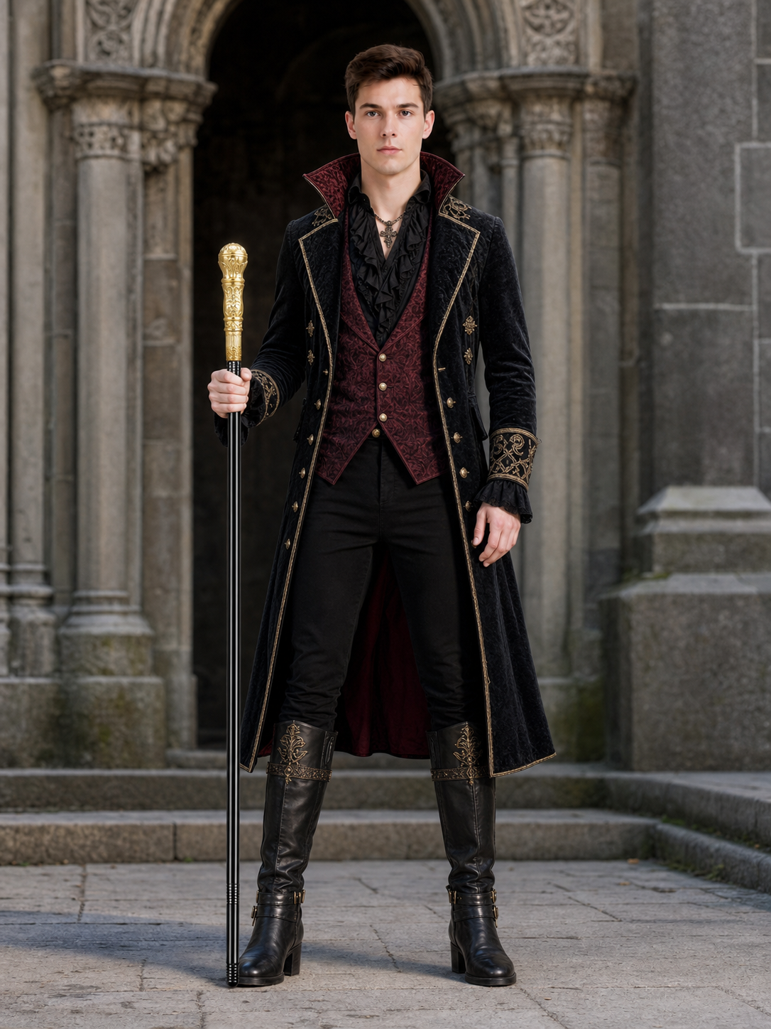 Full-body male model in a black gothic costume holding the long black wand with its gold-tone carved handle outdoors