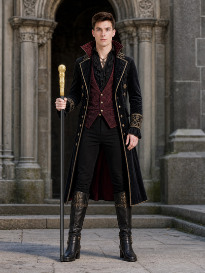 Full-body male model in a black gothic costume holding the long black wand with its gold-tone carved handle outdoors