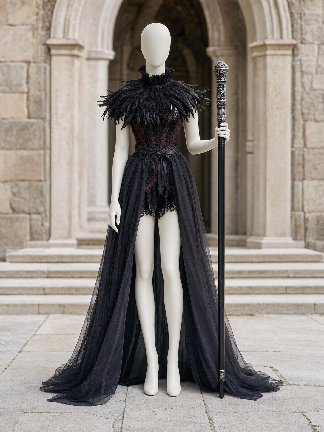 Black Gothic Witch Costume Set With Long Mesh Skirt, Feather Collar, Demon Horn Headdress, Fishnet Stockings And Silver-Topped Scepter Prop