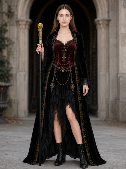 Gold handled black scepter held by a woman in a burgundy and black gothic costume beneath a stone archway