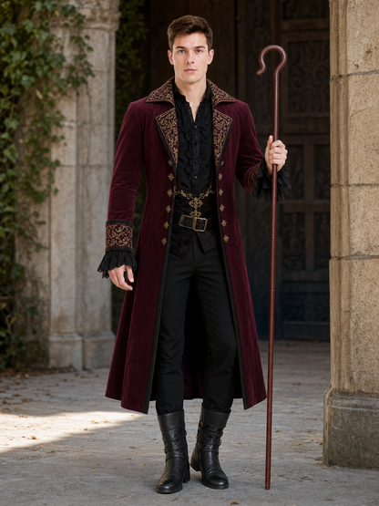 Dark brown hook cane held by a man in a burgundy and black costume, shown full-body outside a stone doorway