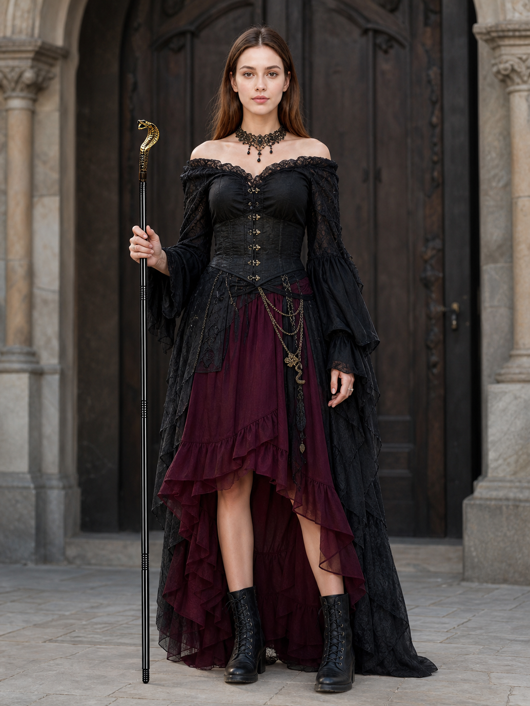 Full-body woman in a black and burgundy gothic-style dress holding the black cane with a gold-toned snake handle