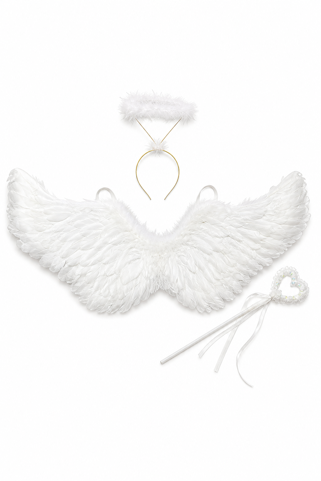 White angel wings with feathers, headband, and wand