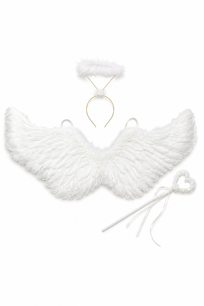 White angel wings with feathers, headband, and wand