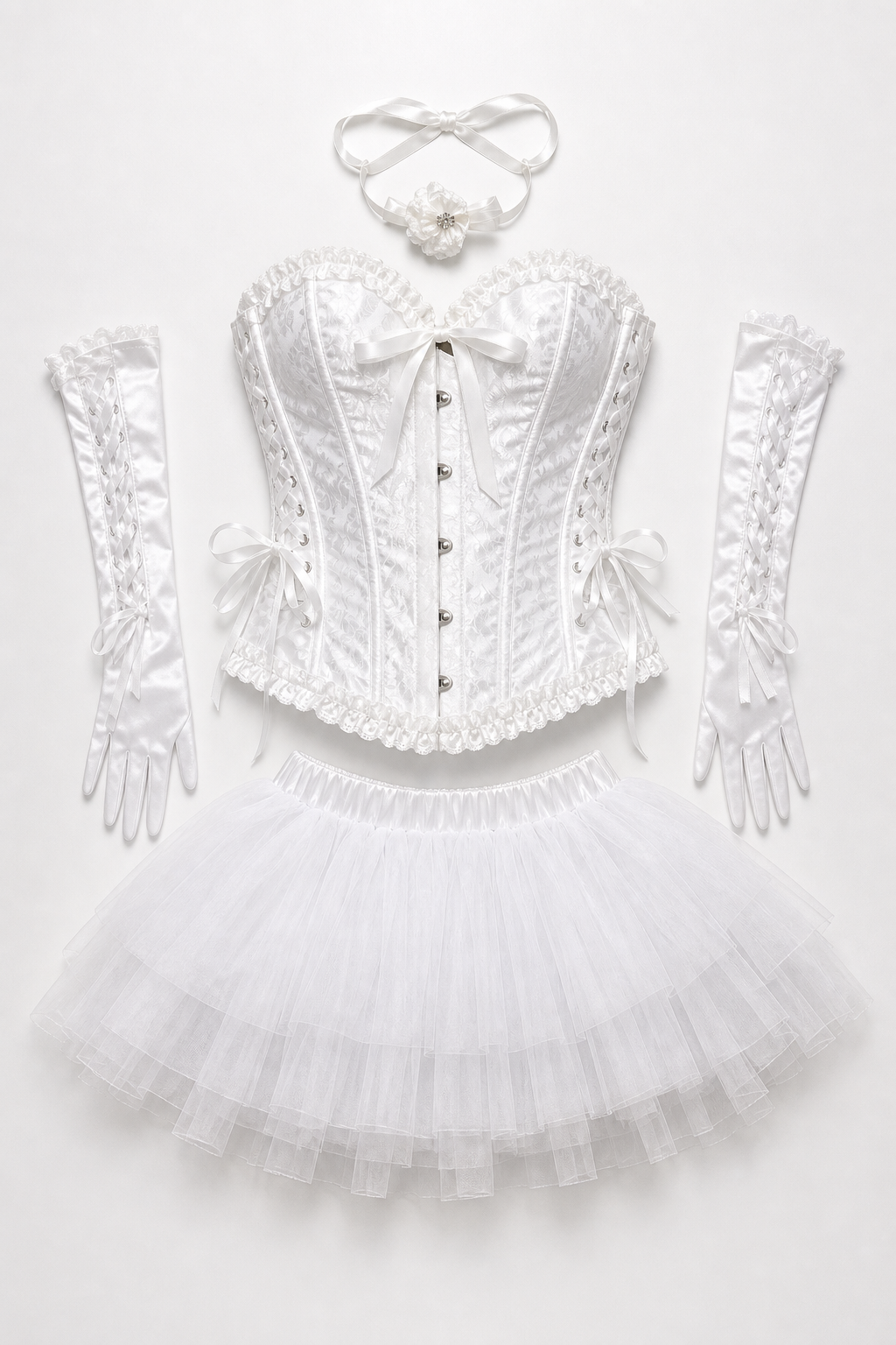 White costume with a full skirt and gloves for a masquerade