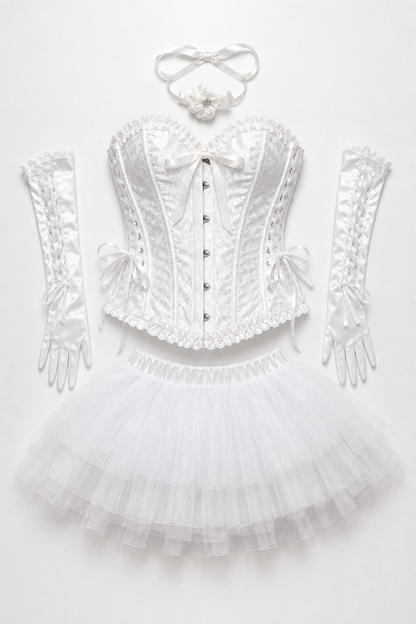White costume with a full skirt and gloves for a masquerade