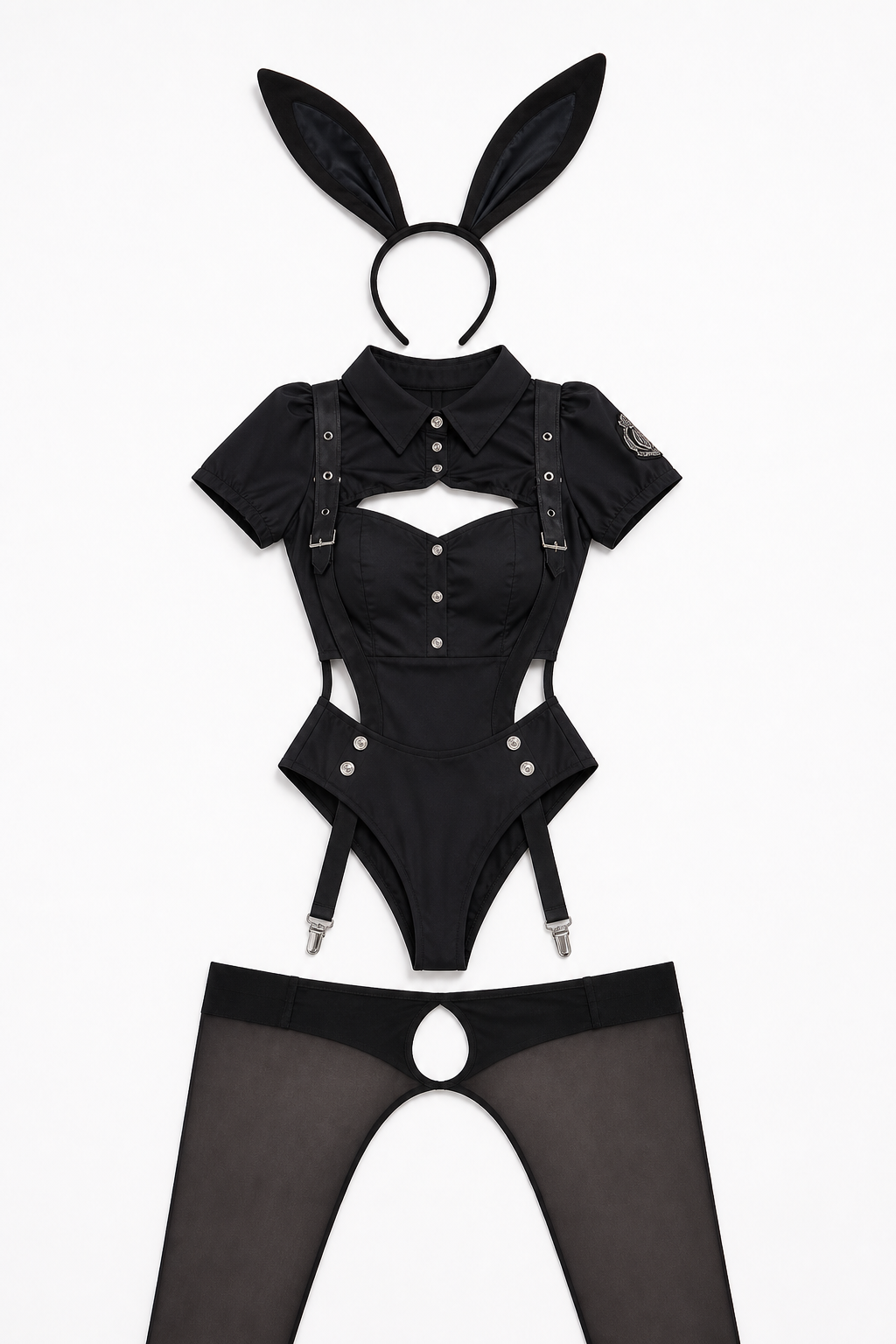 Black Bunny Costume with Open-Crotch Stockings for Masquerade