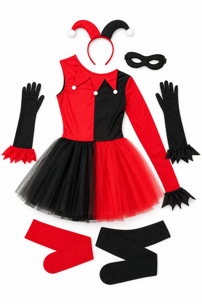 Halloween Clown Costume with Mask and Gloves on-model view 3
