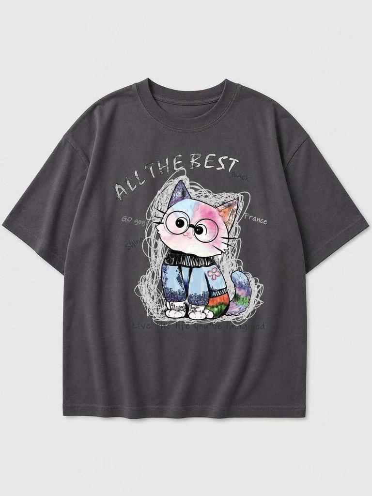Relaxed-Fit Cat Print T-Shirt, Charcoal Gray, Summer