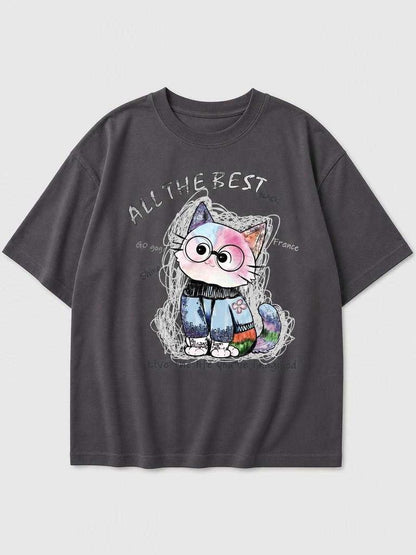 Relaxed-Fit Cat Print T-Shirt, Charcoal Gray, Summer