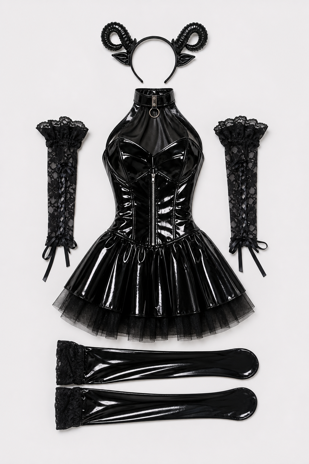 Black Devil Costume with Stockings and Headpiece