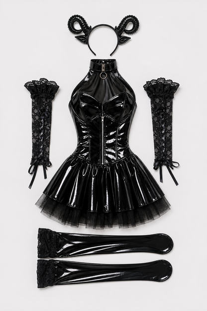 Black Devil Costume with Stockings and Headpiece