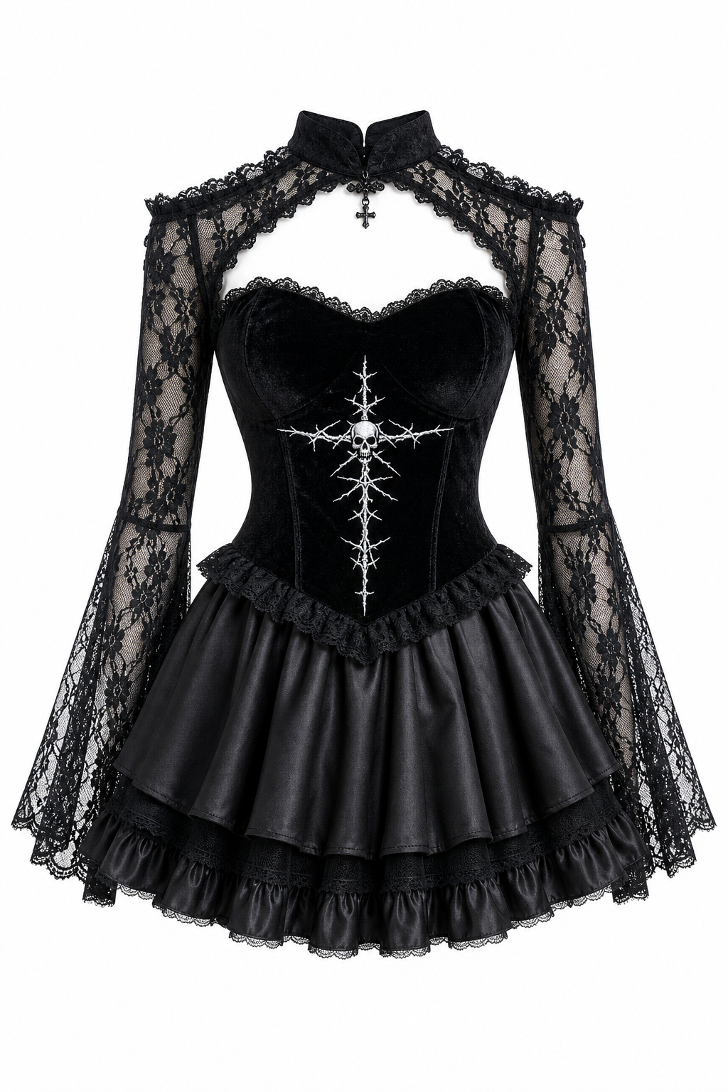 Black Gothic Lace Dress with Cross and Skull