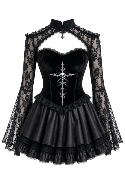 Black Gothic Lace Dress with Cross and Skull