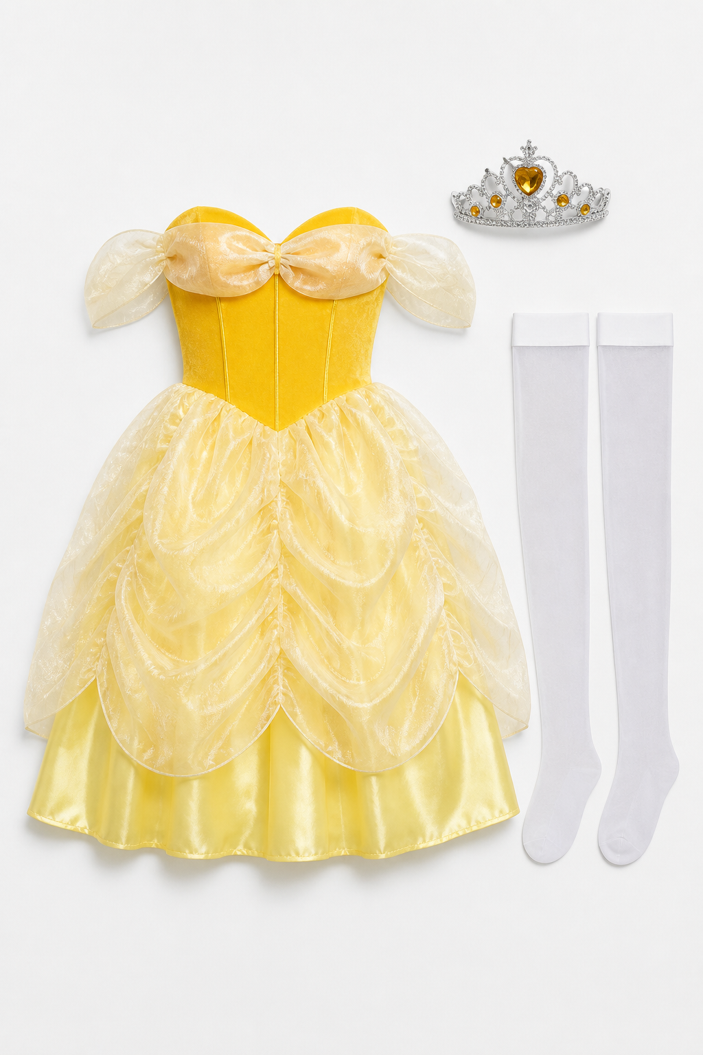 Golden princess dress with crown and white stockings