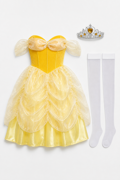 Golden princess dress with crown and white stockings