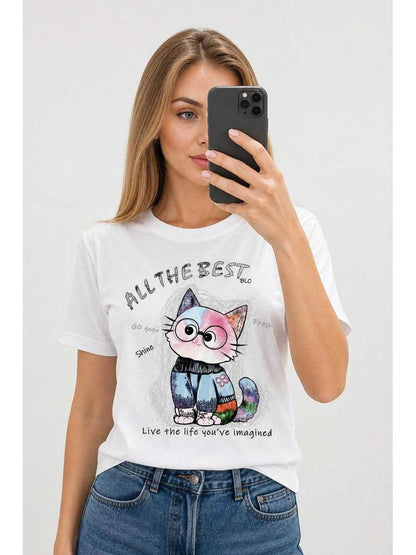 White short-sleeve T-shirt with a party print