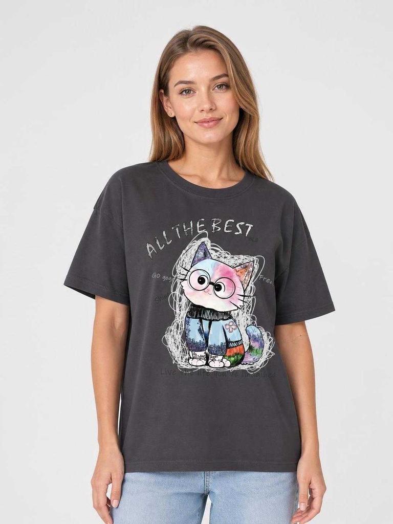 Relaxed-Fit Cat Print T-Shirt, Charcoal Gray, Summer