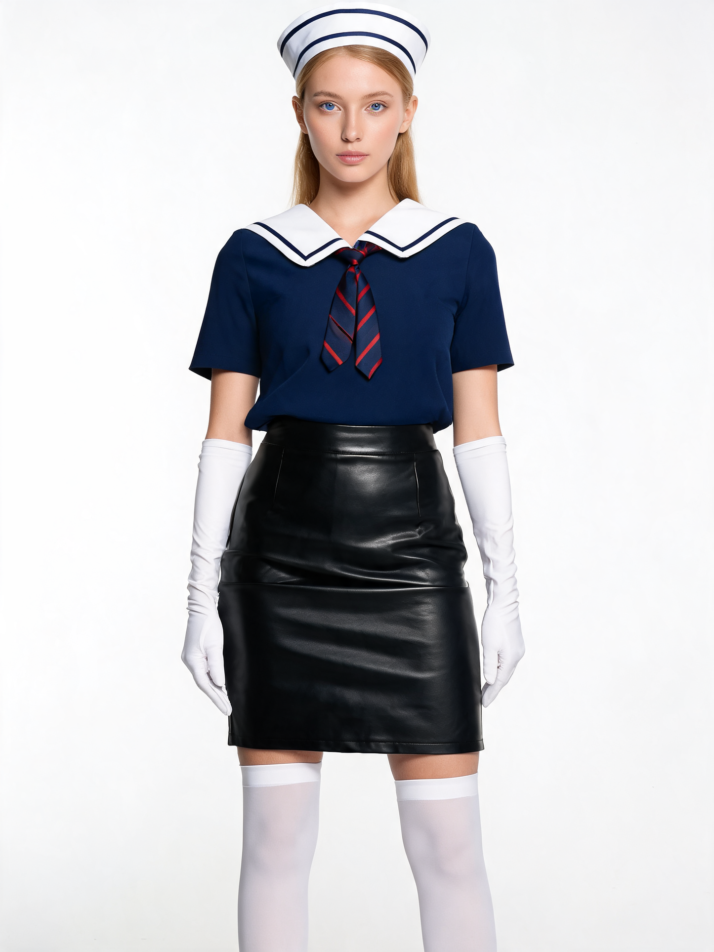 Halloween schoolgirl costume with leather skirt