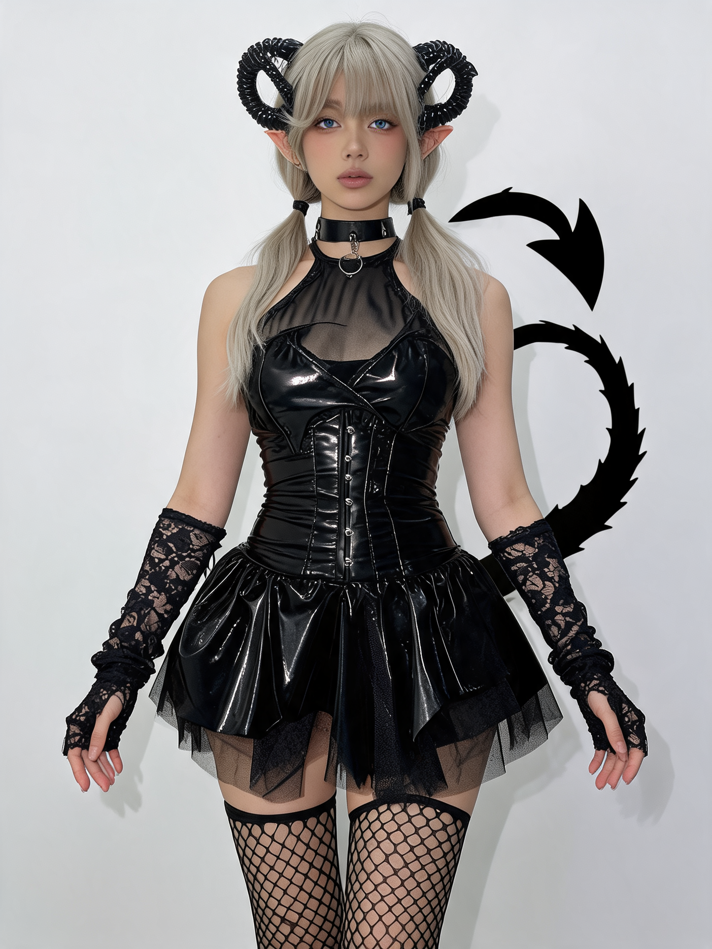 Black Devil Costume with Stockings and Headpiece