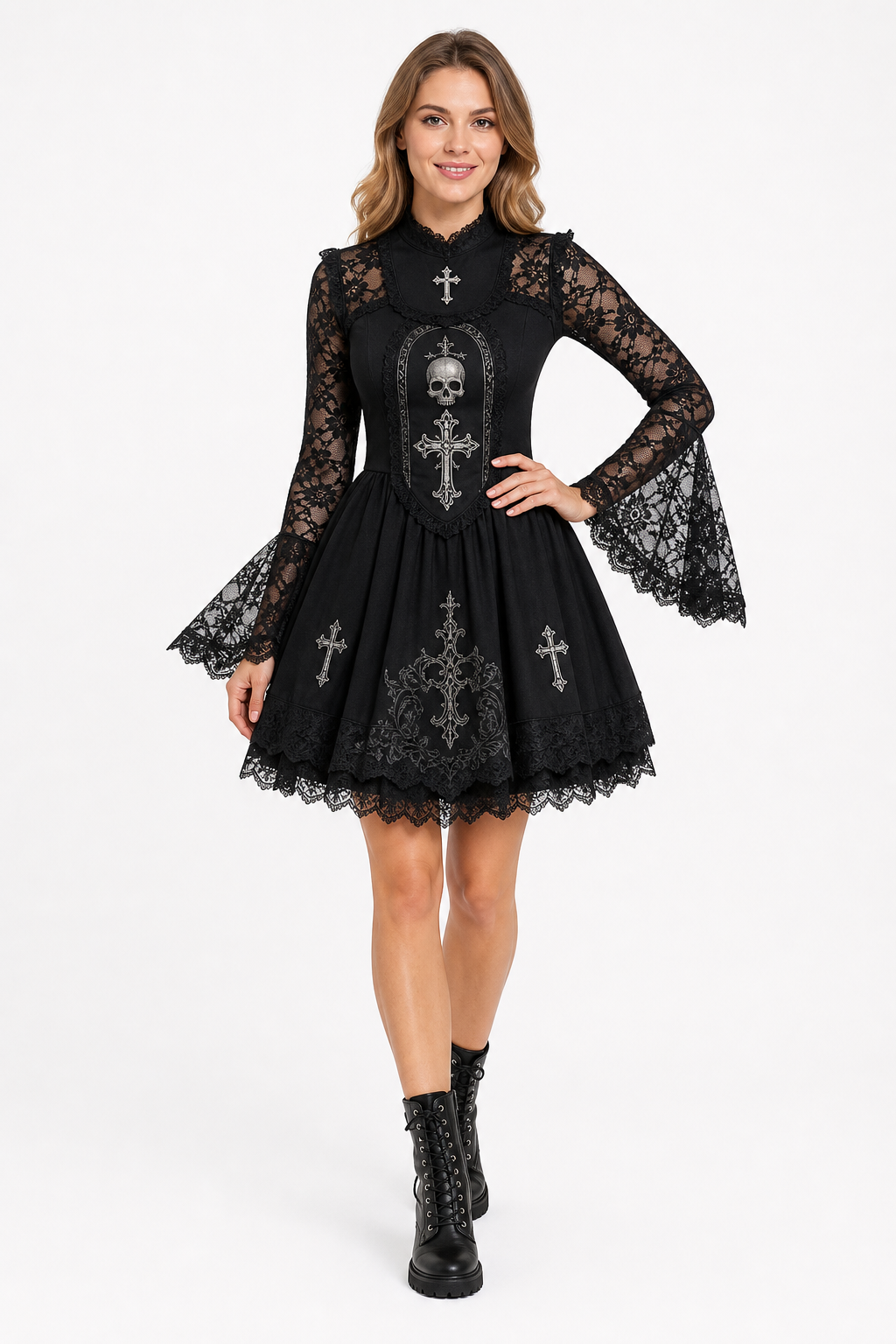 Black Gothic Lace Dress with Cross and Skull