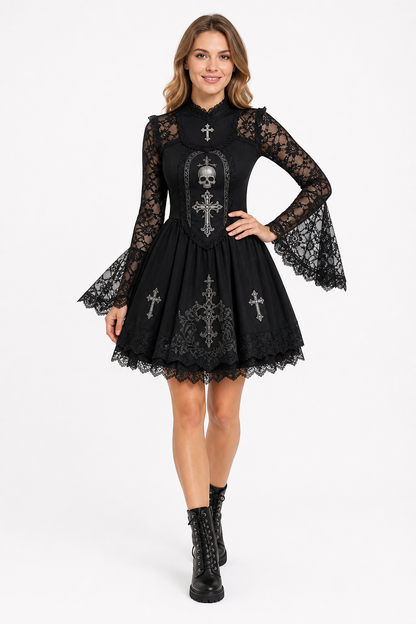 Black Gothic Lace Dress with Cross and Skull