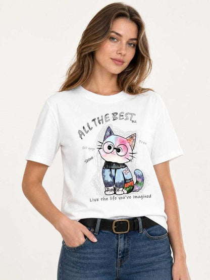 White short-sleeve T-shirt with a party print