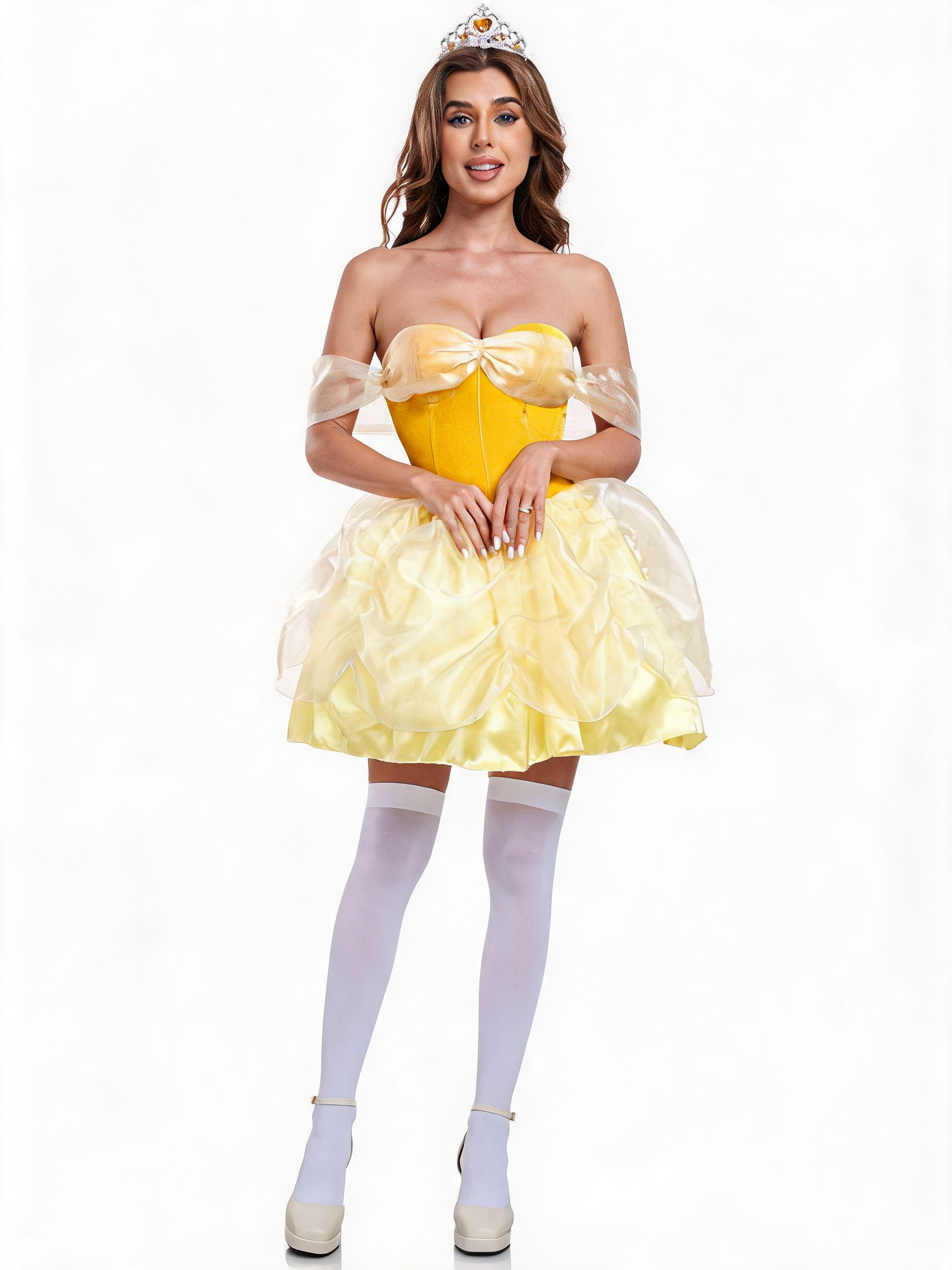 Golden princess dress with crown and white stockings