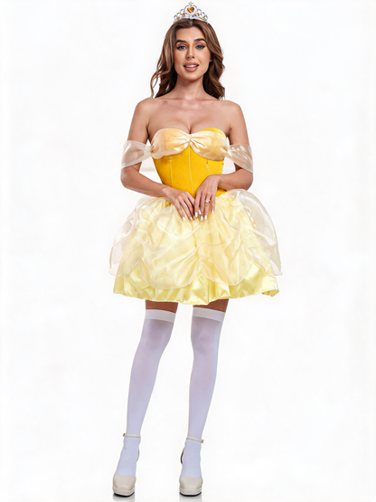 Golden princess dress with crown and white stockings