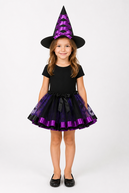 Children’s Witch Halloween Costume with Hat and Full Skirt