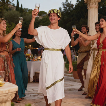 Men's Ancient Greek Toga Costume – White Robe with Gold Trim, Belt & Laurel Wreath