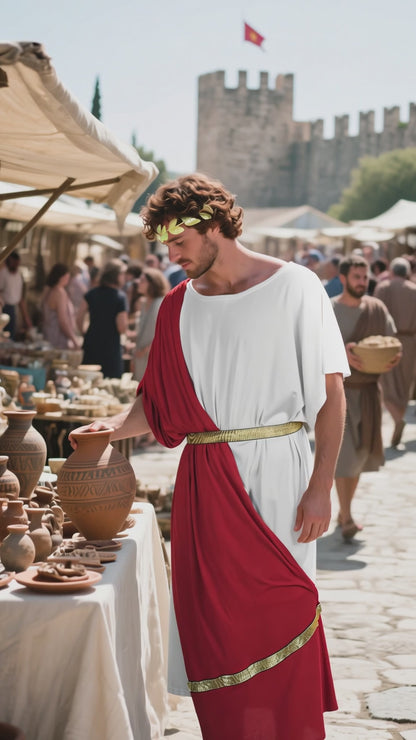 Men's Ancient Greek Toga Costume – Red and White Draped Tunic with Gold Belt and Laurel Headband