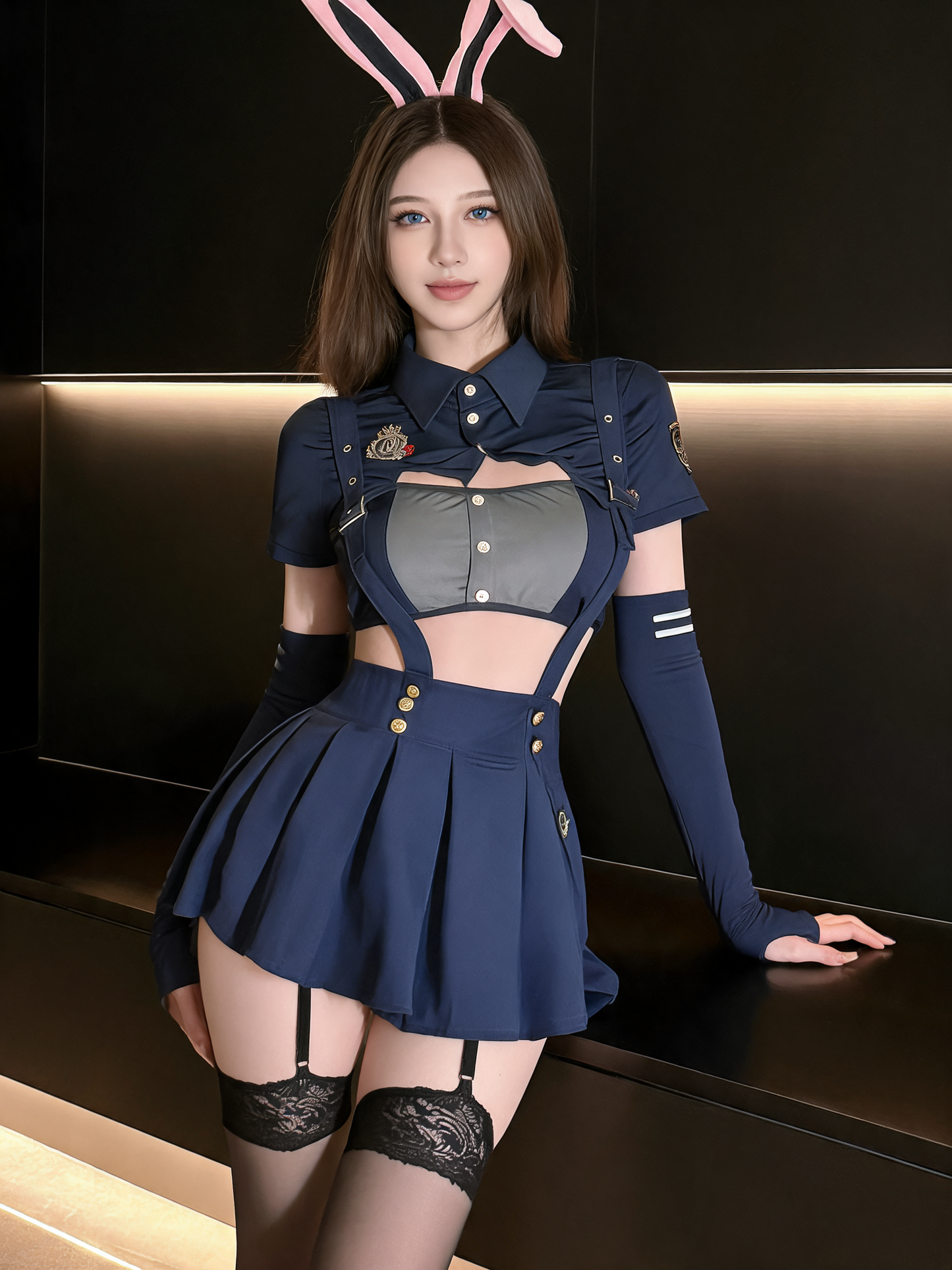 Costume with Ears and Black Stockings for Masquerade