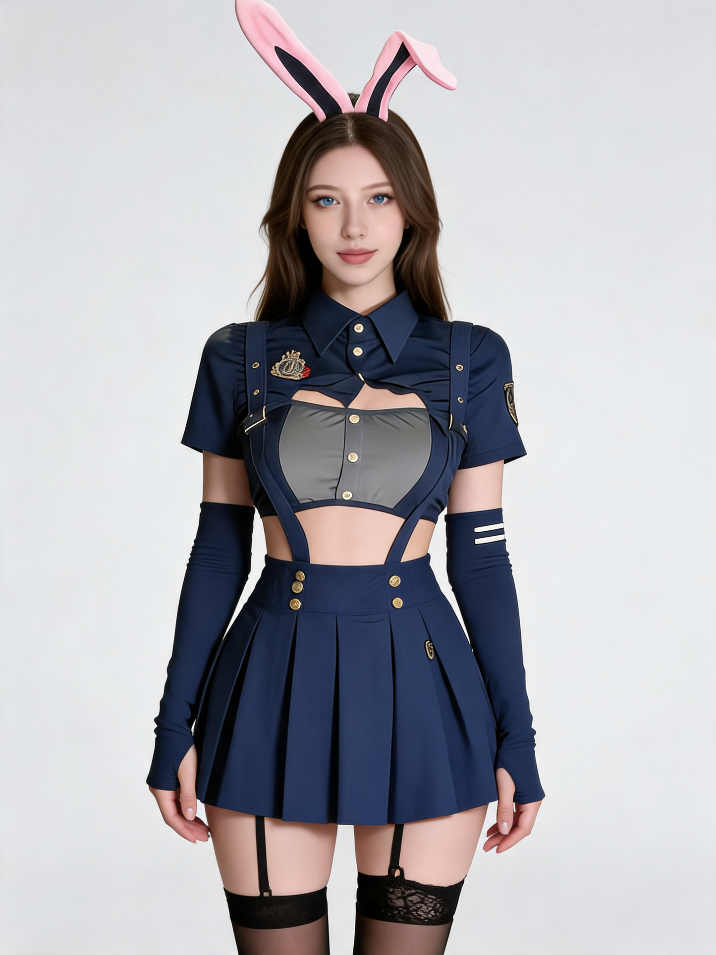 Costume with Ears and Black Stockings for Masquerade